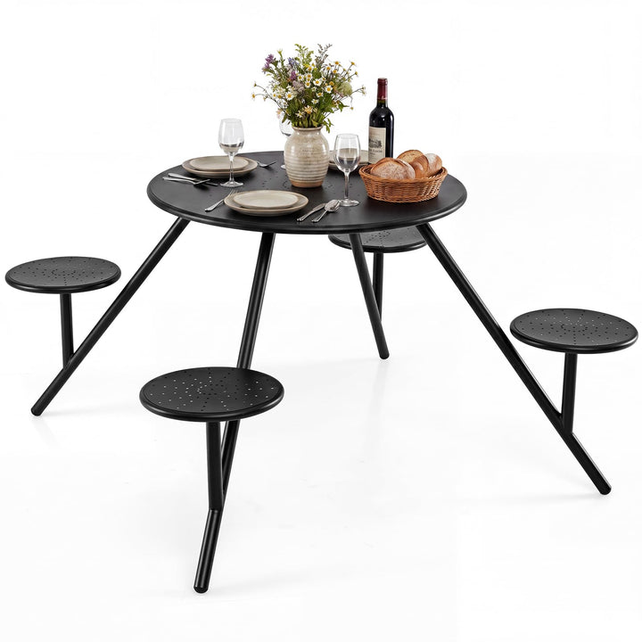 Giantex Round Picnic Table Set for 4 with 4 Built-in Seats and 1.77" Umbrella Hole