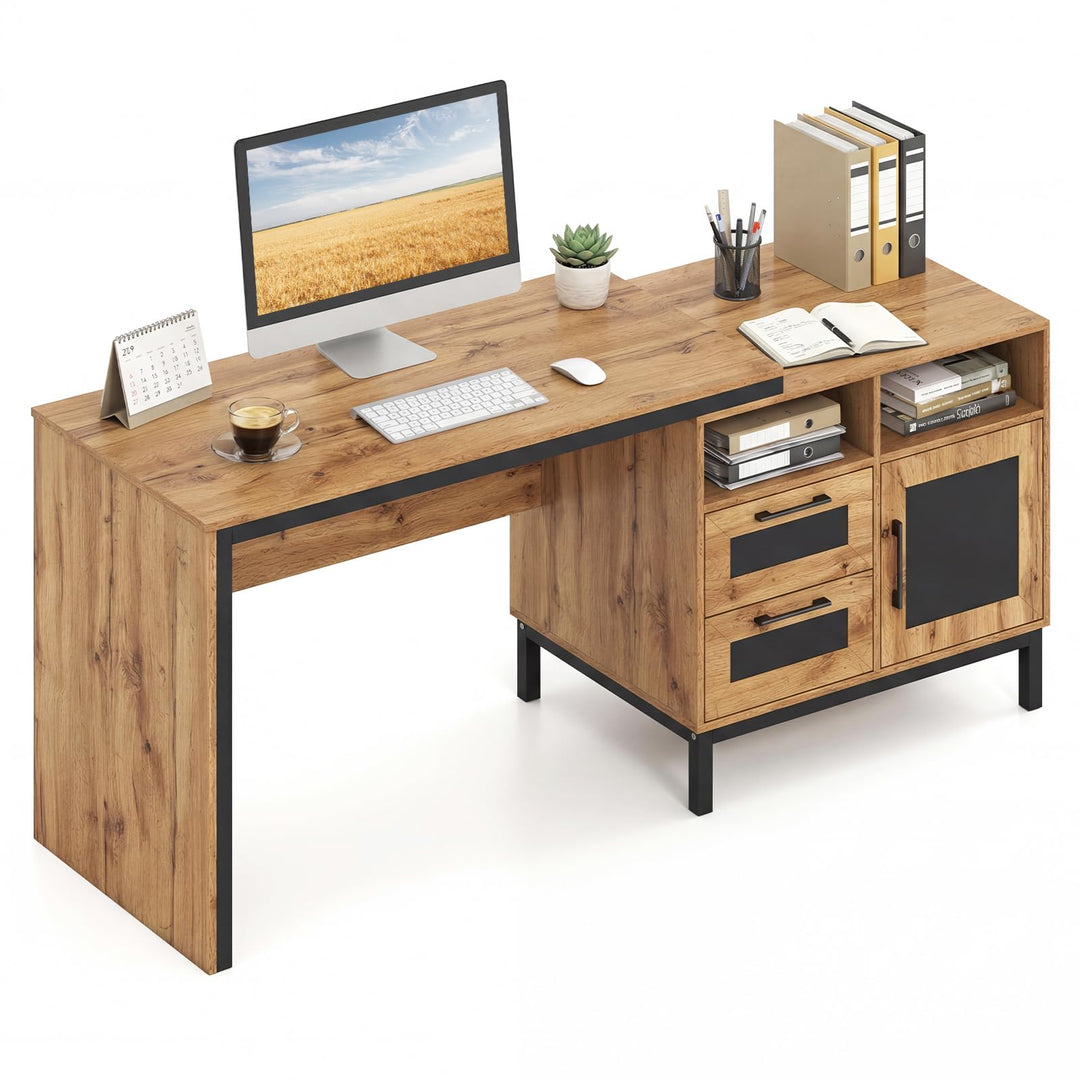 Giantex 71" Farmhouse Executive Desk with Open Compartments Storage Drawers & Single-Door Cabinet