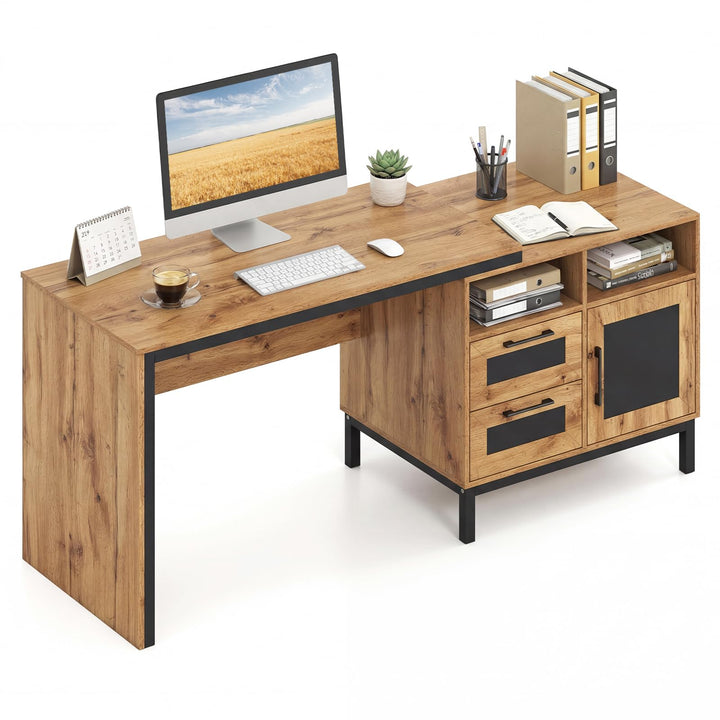 Giantex 71" Farmhouse Executive Desk with Open Compartments Storage Drawers & Single-Door Cabinet