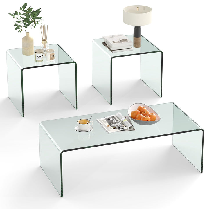 Giantex Tempered Glass Coffee Table Set of 3 with Round Edges No Assembly Needed