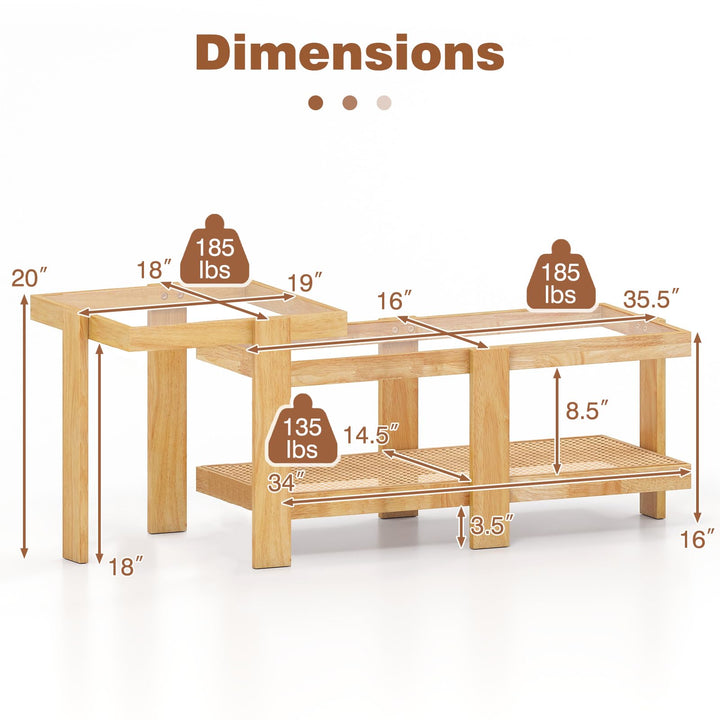Giantex Nesting Coffee Table Set of 2 with Tempered Glass Top &amp; Solid Rubber Wood Frame