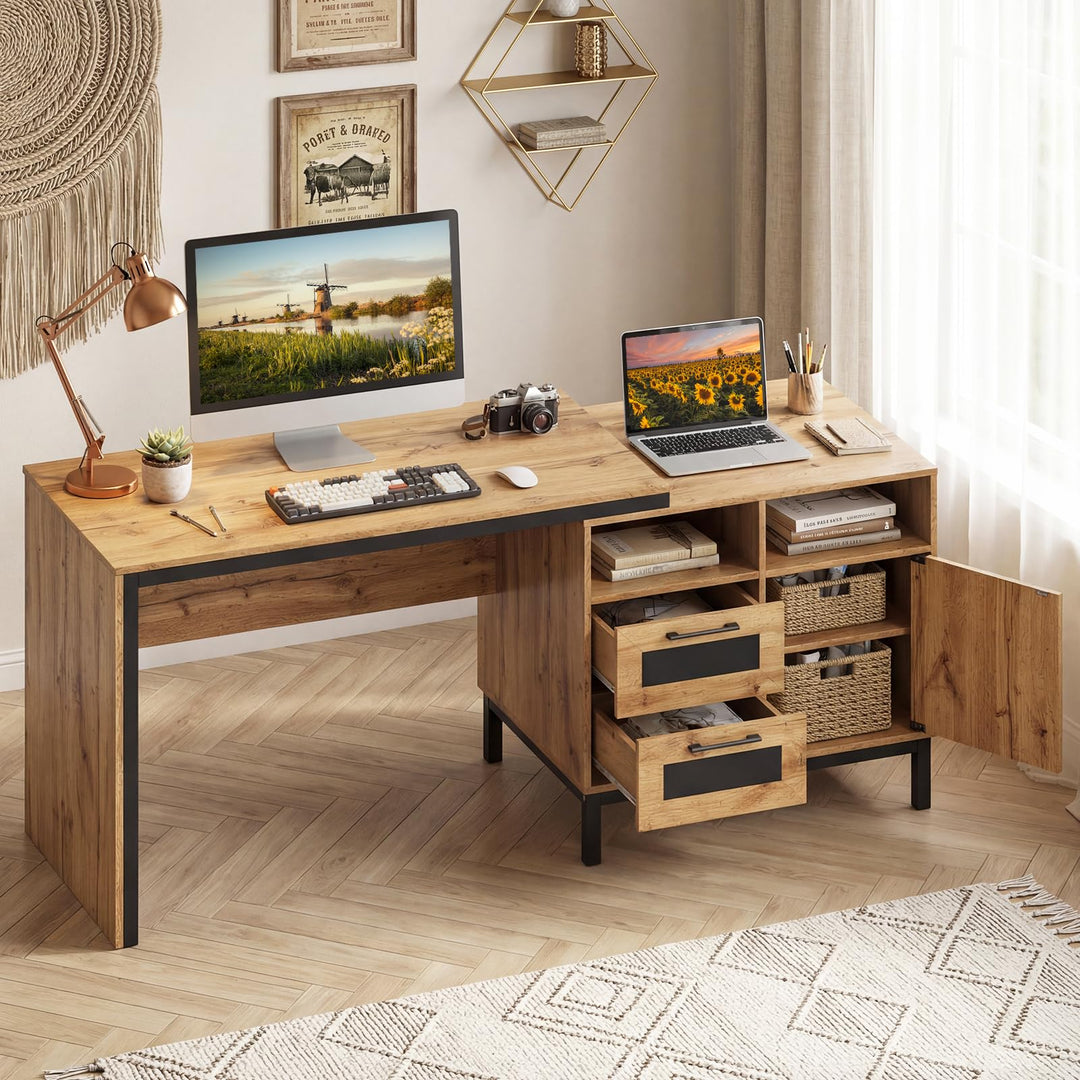 Giantex 71" Farmhouse Executive Desk with Open Compartments Storage Drawers & Single-Door Cabinet