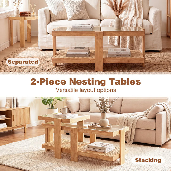 Giantex Nesting Coffee Table Set of 2 with Tempered Glass Top &amp; Solid Rubber Wood Frame