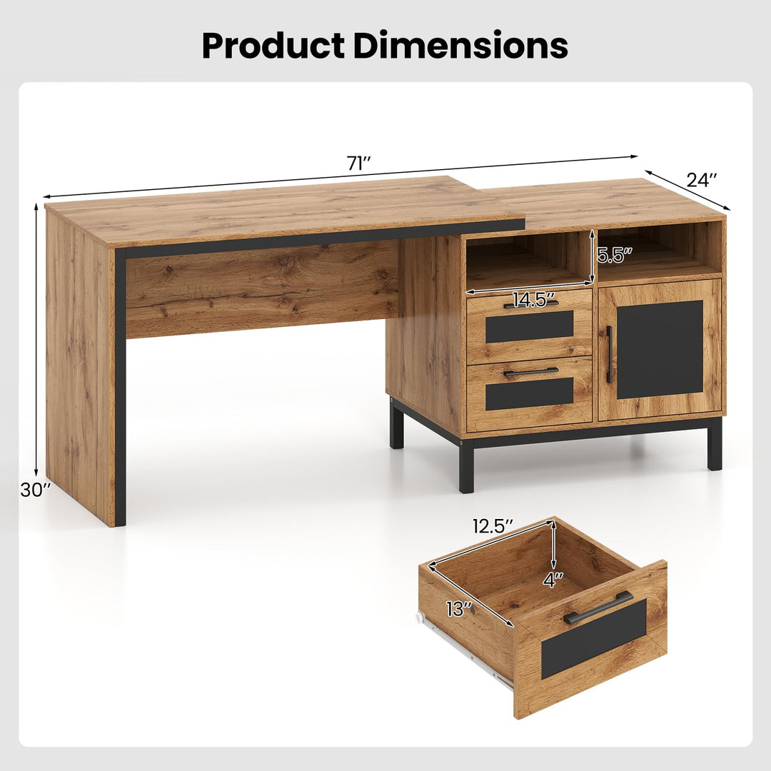 Giantex 71" Farmhouse Executive Desk with Open Compartments Storage Drawers & Single-Door Cabinet