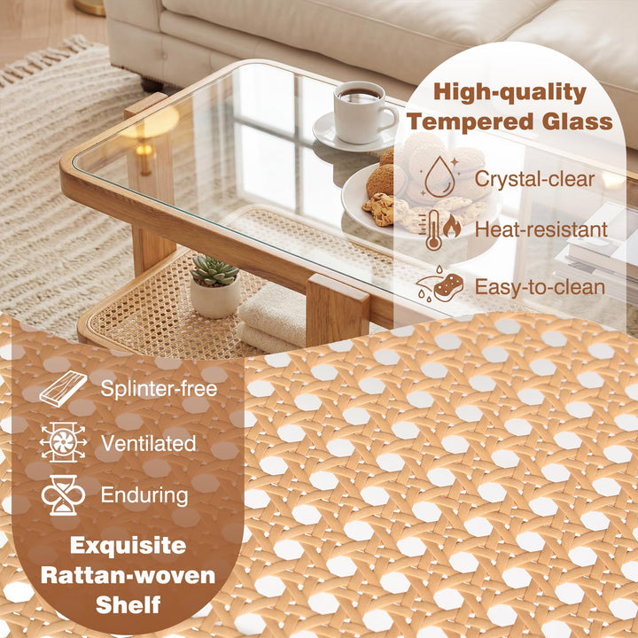 Giantex Nesting Coffee Table Set of 2 with Tempered Glass Top &amp; Solid Rubber Wood Frame