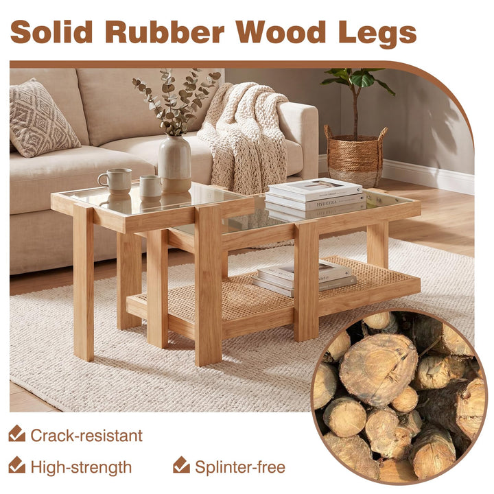 Giantex Nesting Coffee Table Set of 2 with Tempered Glass Top &amp; Solid Rubber Wood Frame