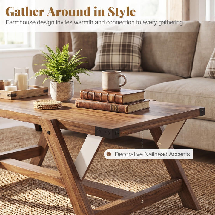 Giantex 35.5" Farmhouse Coffee Table with Decorative Nailhead Accents &amp; Robust Frame