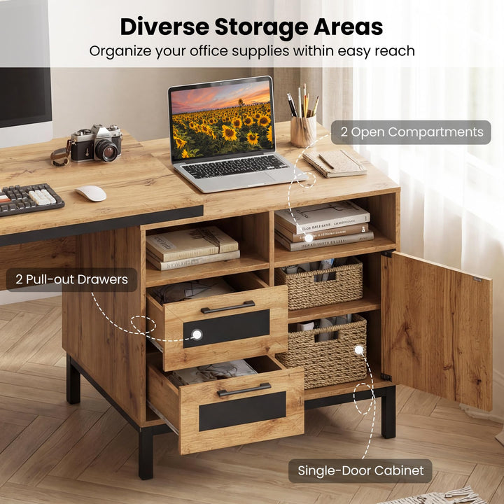 Giantex 71" Farmhouse Executive Desk with Open Compartments Storage Drawers & Single-Door Cabinet