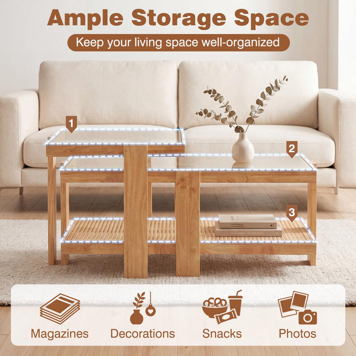 Giantex Nesting Coffee Table Set of 2 with Tempered Glass Top &amp; Solid Rubber Wood Frame