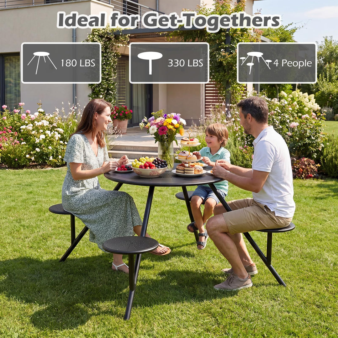 Giantex Round Picnic Table Set for 4 with 4 Built-in Seats and 1.77" Umbrella Hole