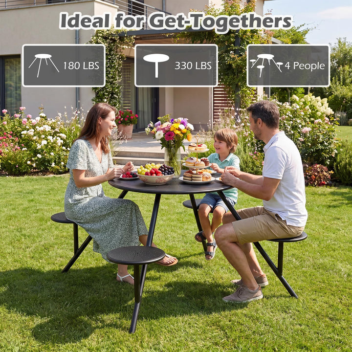 Giantex Round Picnic Table Set for 4 with 4 Built-in Seats and 1.77" Umbrella Hole