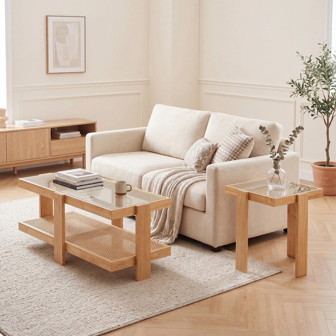 Giantex Nesting Coffee Table Set of 2 with Tempered Glass Top &amp; Solid Rubber Wood Frame