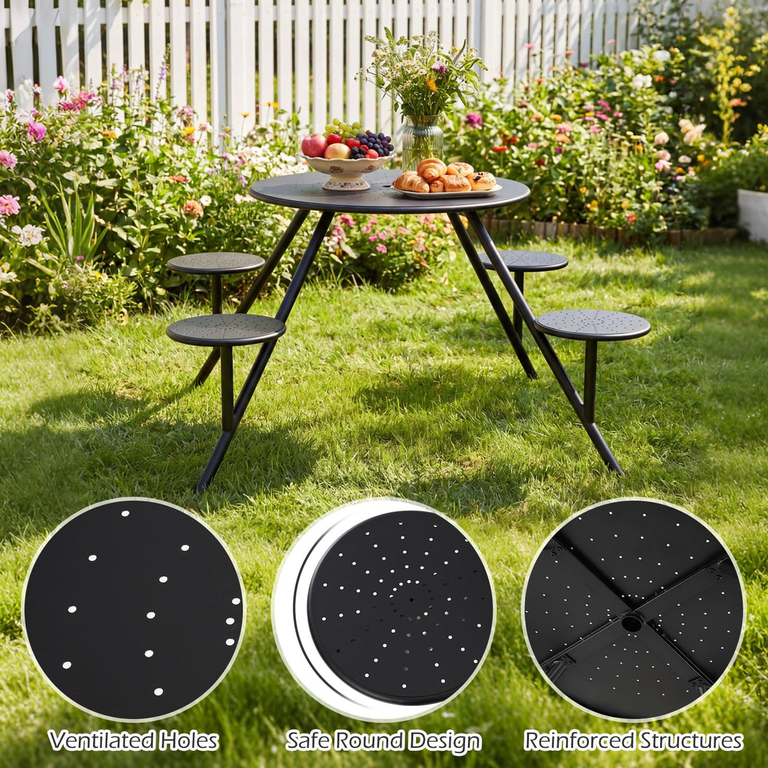 Giantex Round Picnic Table Set for 4 with 4 Built-in Seats and 1.77" Umbrella Hole