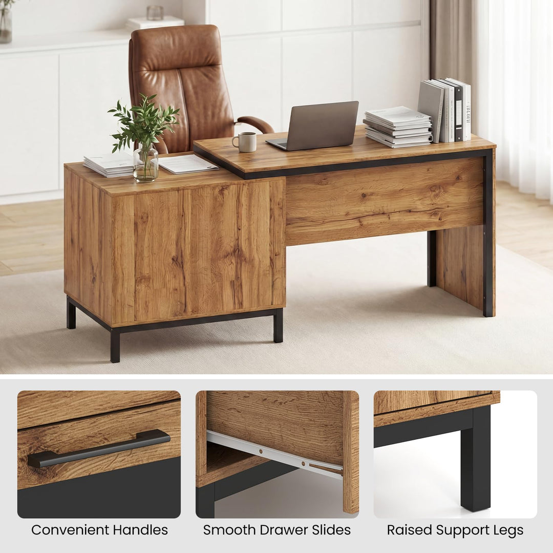Giantex 71" Farmhouse Executive Desk with Open Compartments Storage Drawers & Single-Door Cabinet