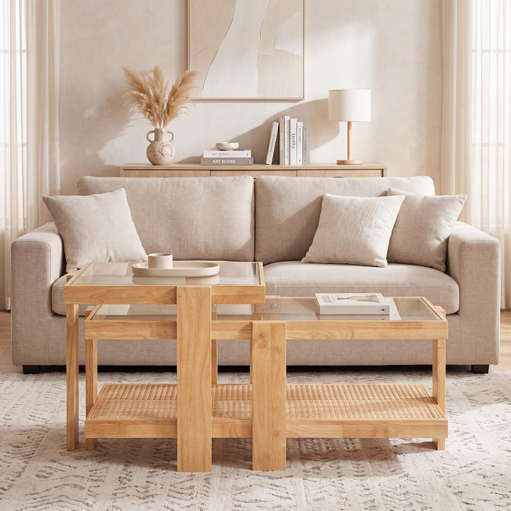 Giantex Nesting Coffee Table Set of 2 with Tempered Glass Top &amp; Solid Rubber Wood Frame
