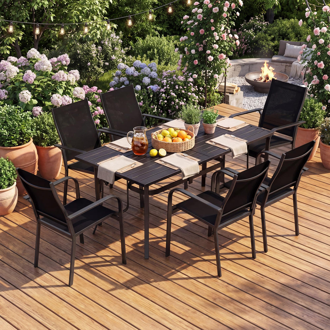 Giantex Rectangular Patio Dining Table for 6 with Adjustable Umbrella Hole for Porch