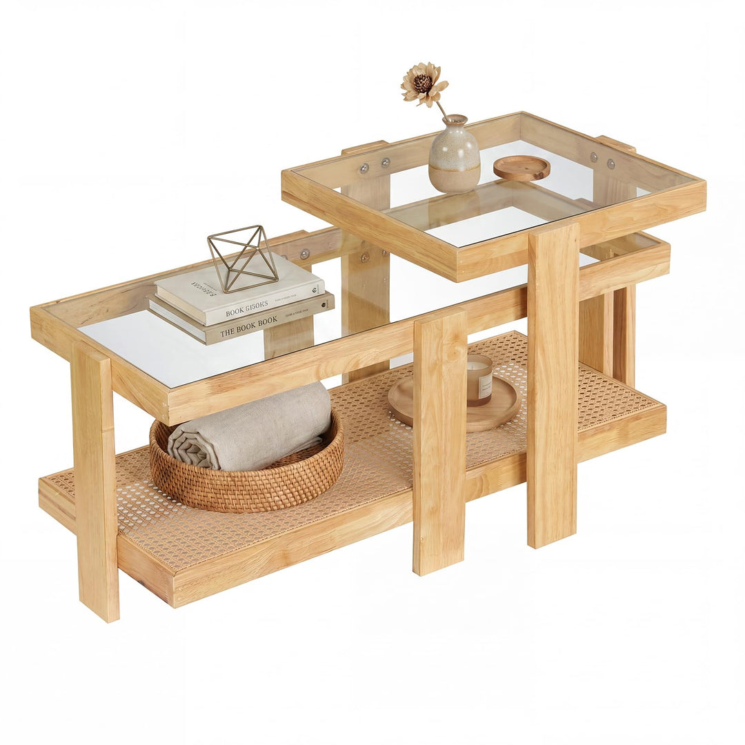 Giantex Nesting Coffee Table Set of 2 with Tempered Glass Top &amp; Solid Rubber Wood Frame