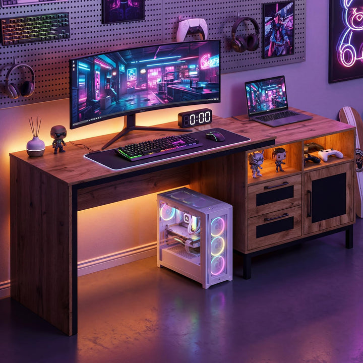 Giantex 71" Farmhouse Executive Desk with Open Compartments Storage Drawers & Single-Door Cabinet