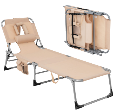 Giantex Tanning Chair Folding Beach Chair w/Face Arm Hole, Washable Pillow, Pocket