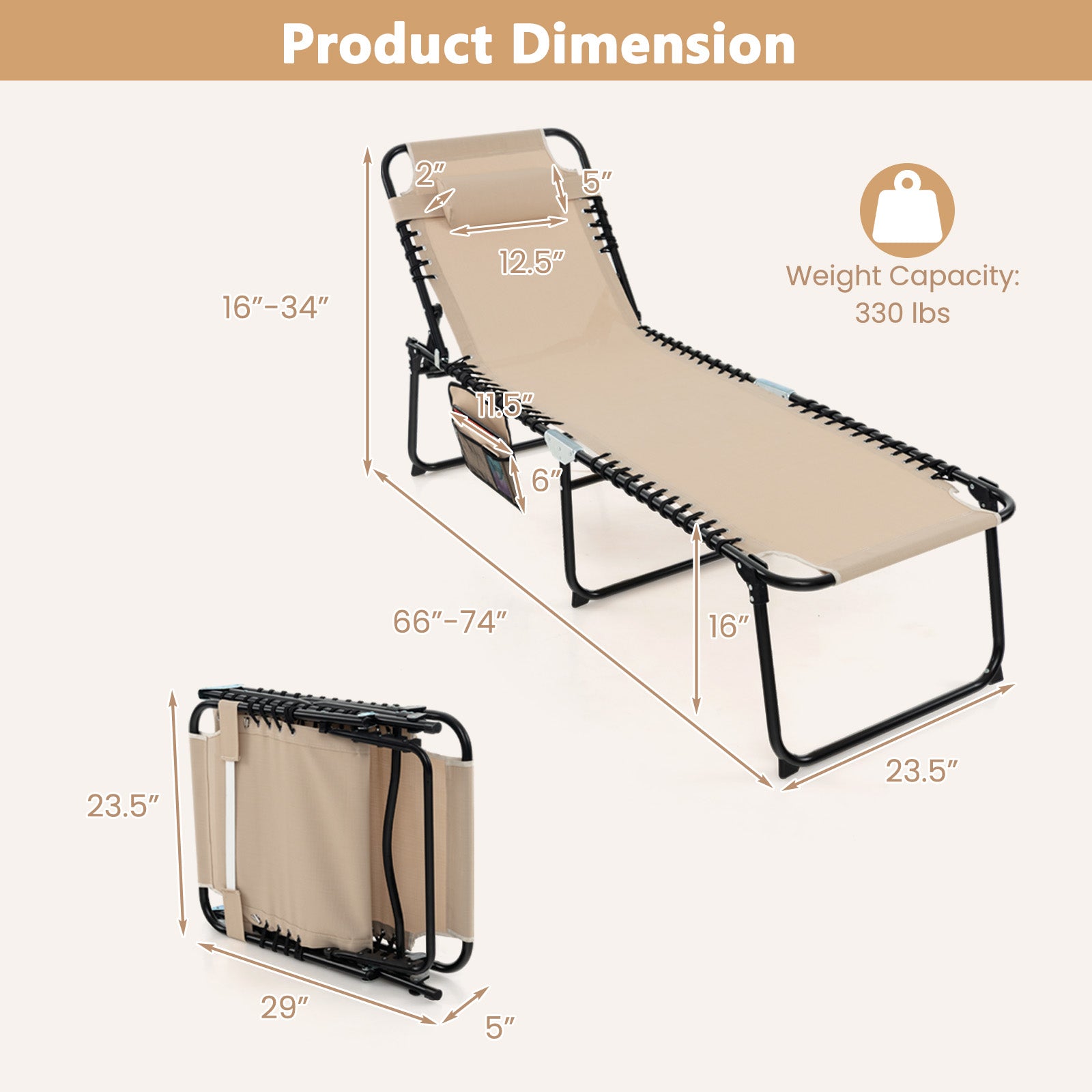 Folding Chaise Lounge Chair, Adjustable Beach Chair, Folding Patio Recliner
