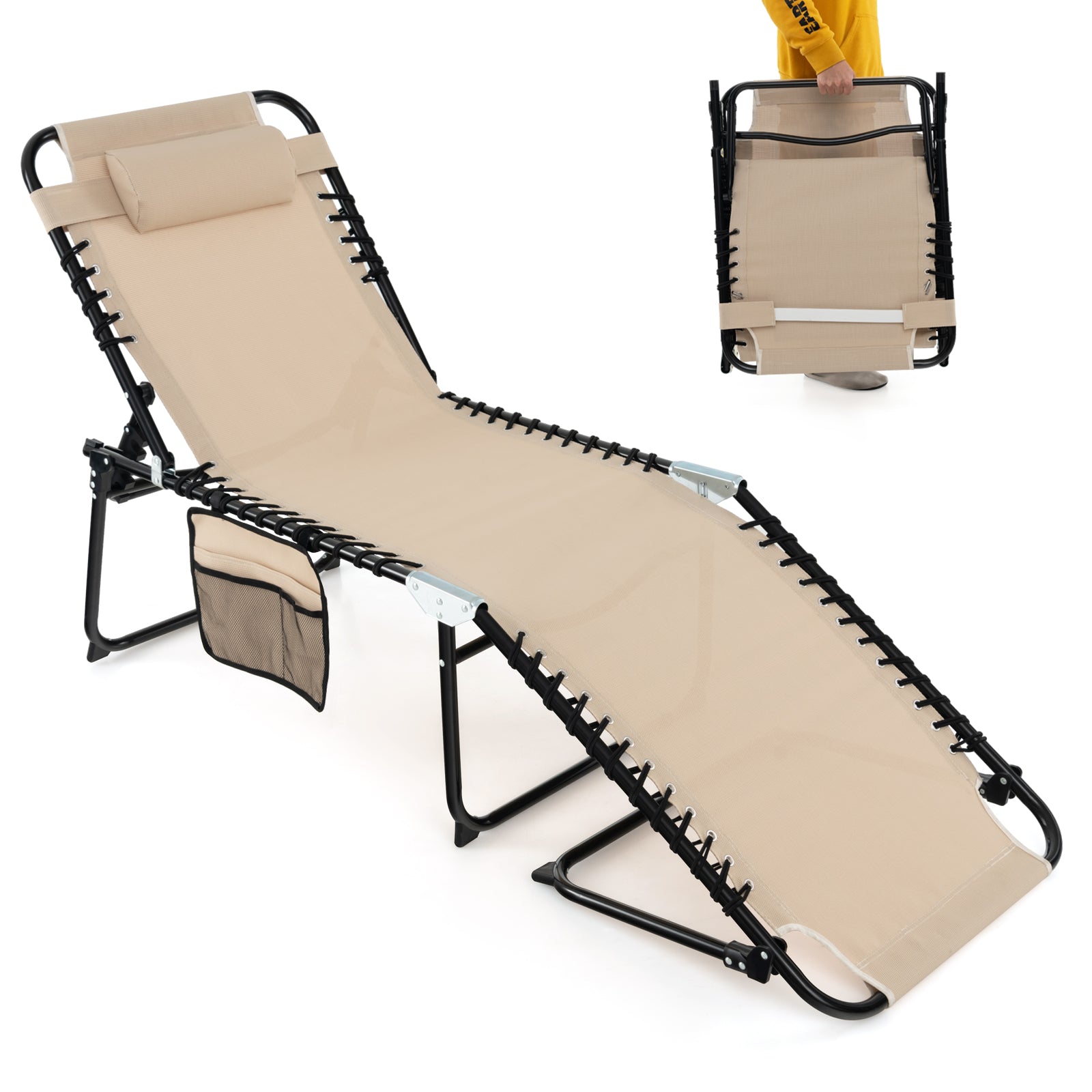 Folding Chaise Lounge Chair, Adjustable Beach Chair, Folding Patio Recliner