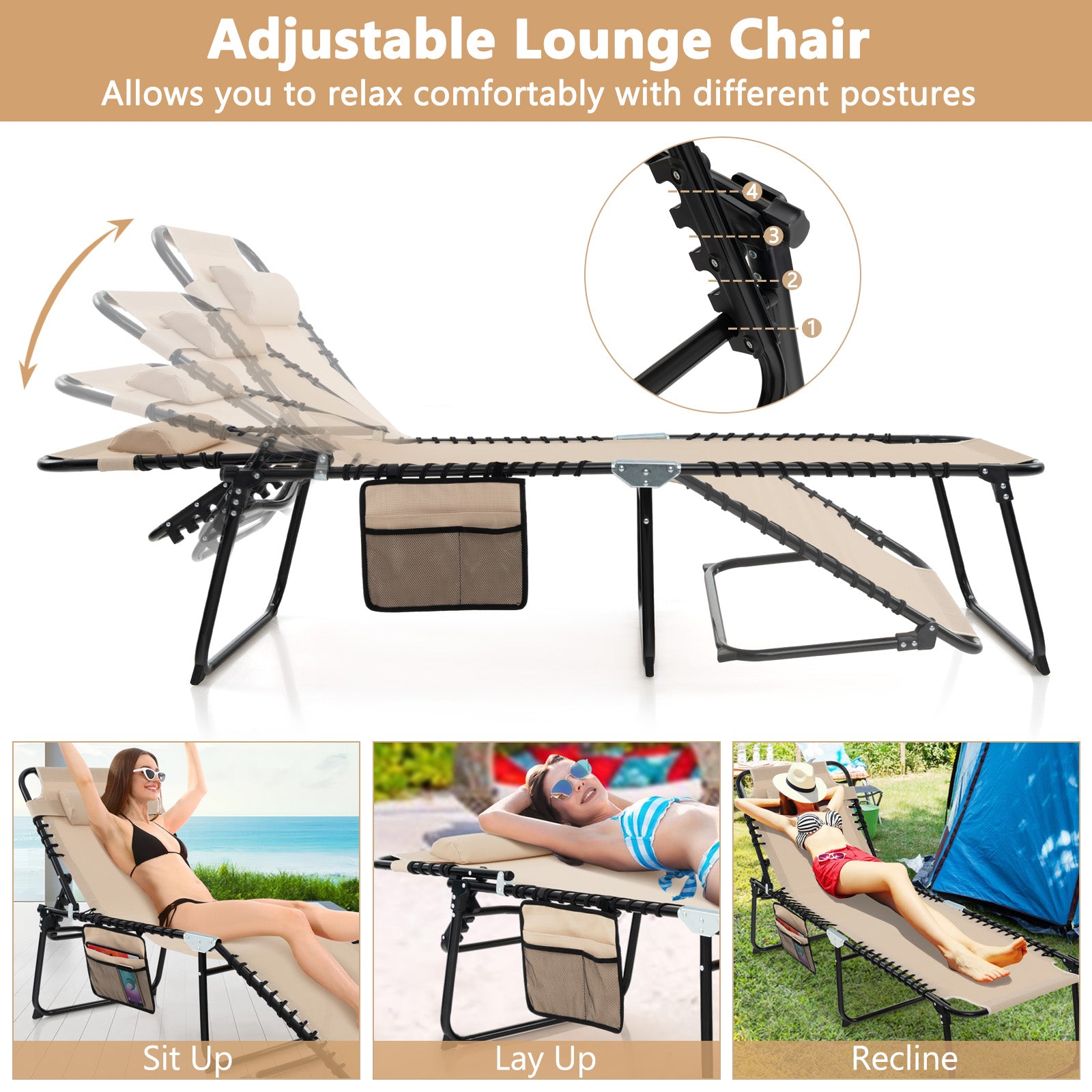 Folding Chaise Lounge Chair, Adjustable Beach Chair, Folding Patio Recliner