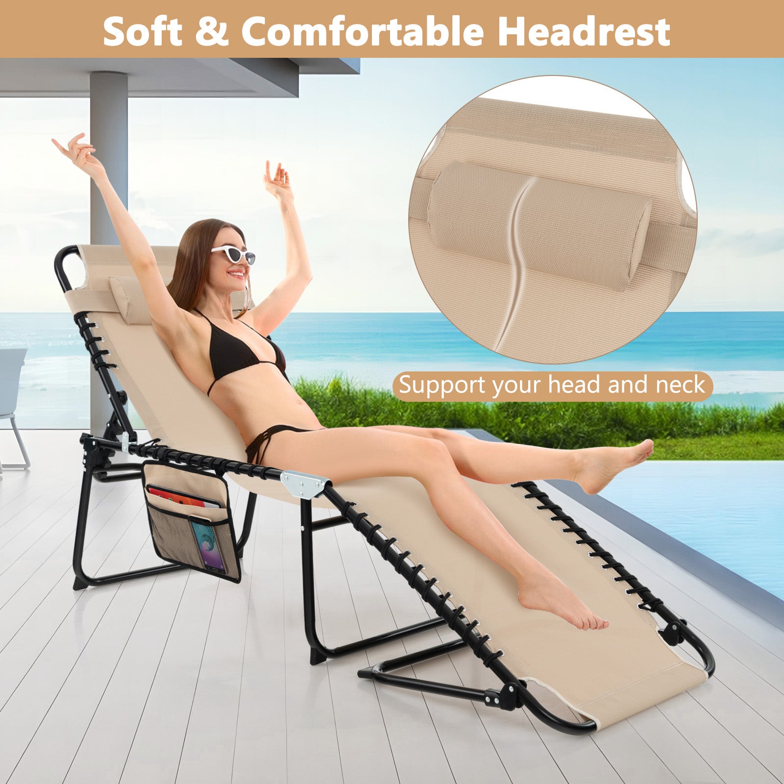 Folding Chaise Lounge Chair, Adjustable Beach Chair, Folding Patio Recliner