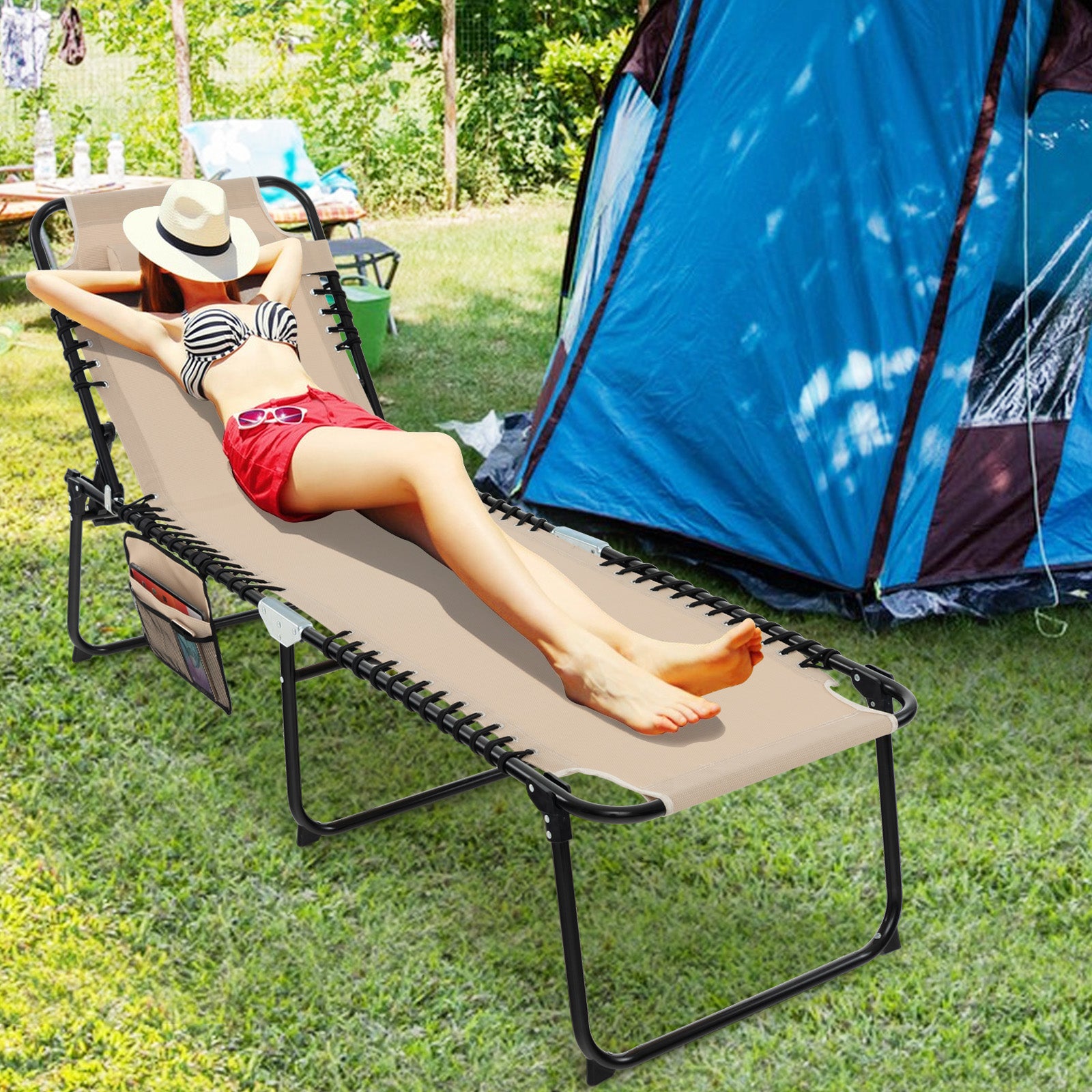 Folding Chaise Lounge Chair, Adjustable Beach Chair, Folding Patio Recliner