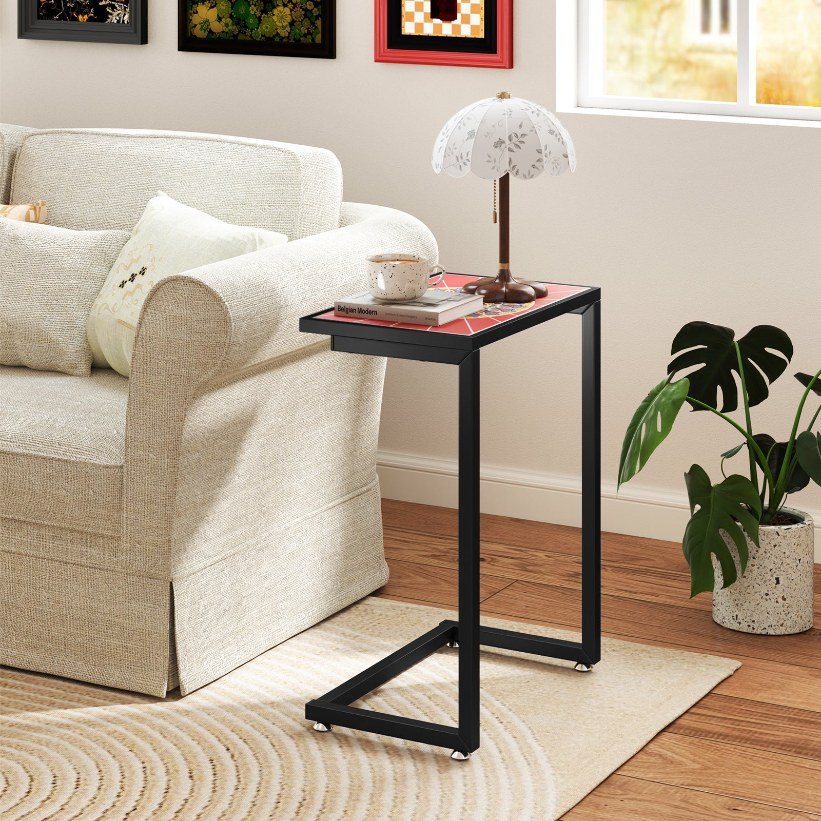Giantex C-Shaped Outdoor Side Table - Patio End Table w/Ceramic Top & Metal Frame