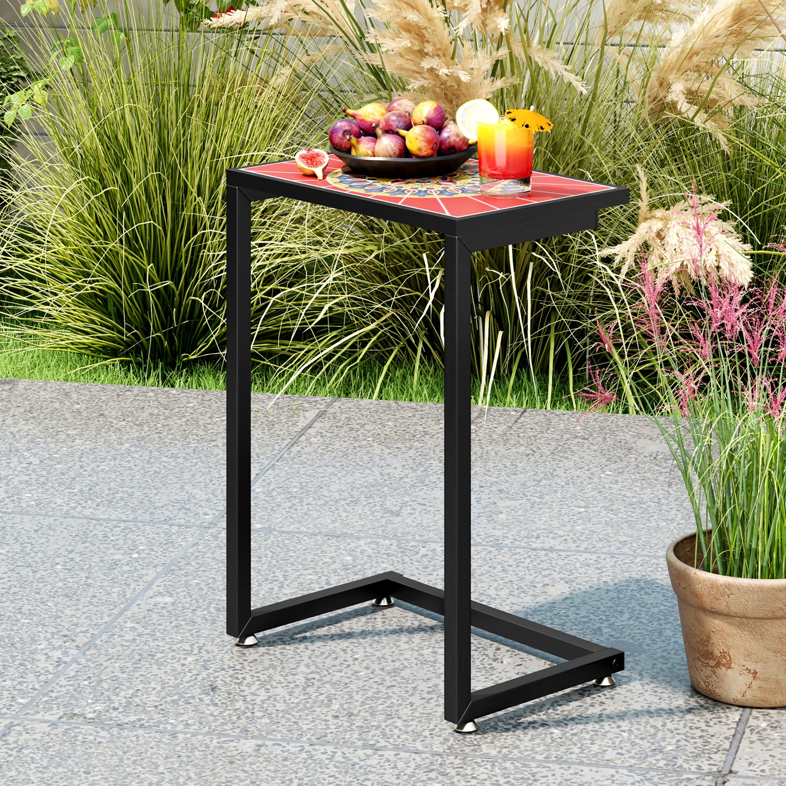 Giantex C-Shaped Outdoor Side Table - Patio End Table w/Ceramic Top & Metal Frame