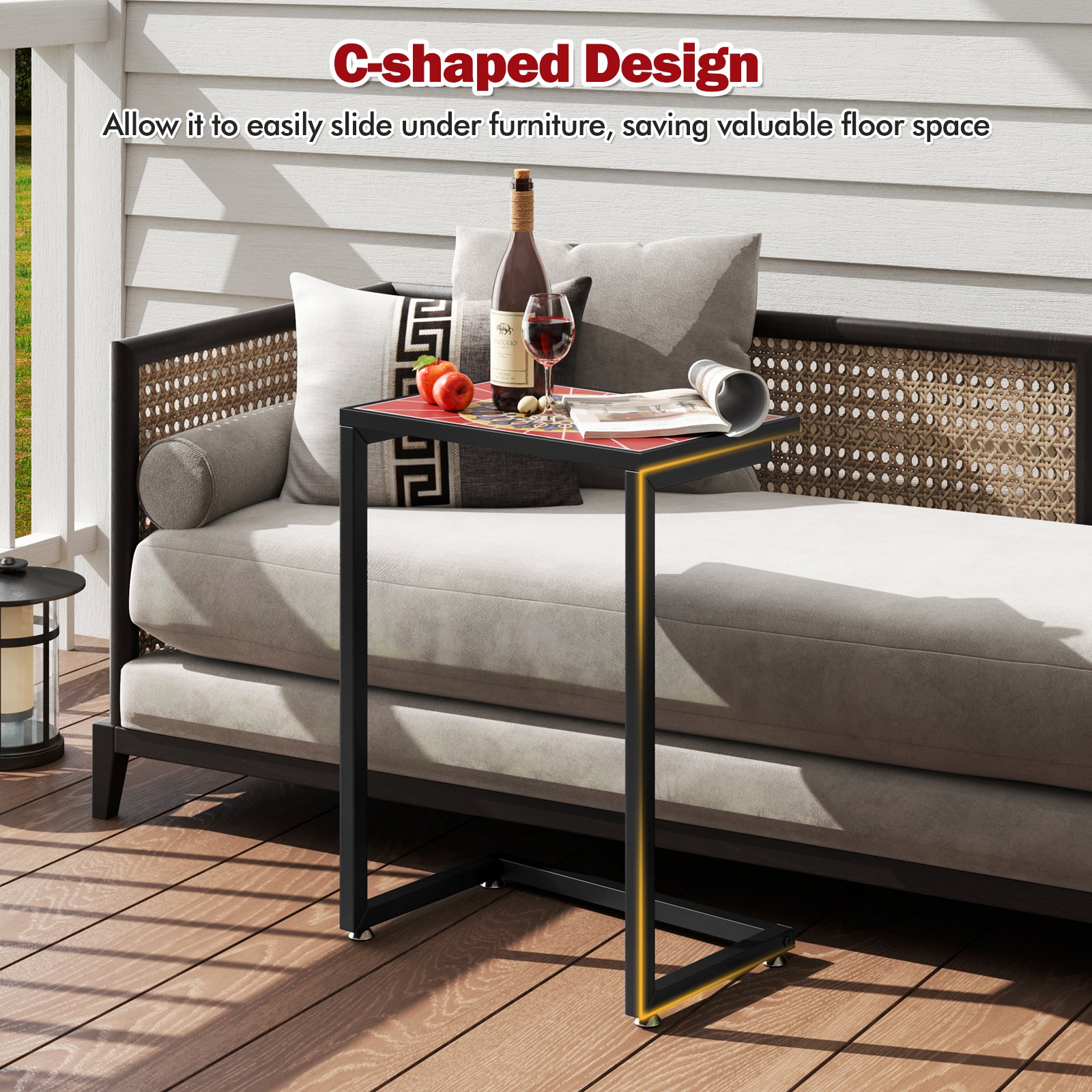 Giantex C-Shaped Outdoor Side Table - Patio End Table w/Ceramic Top & Metal Frame