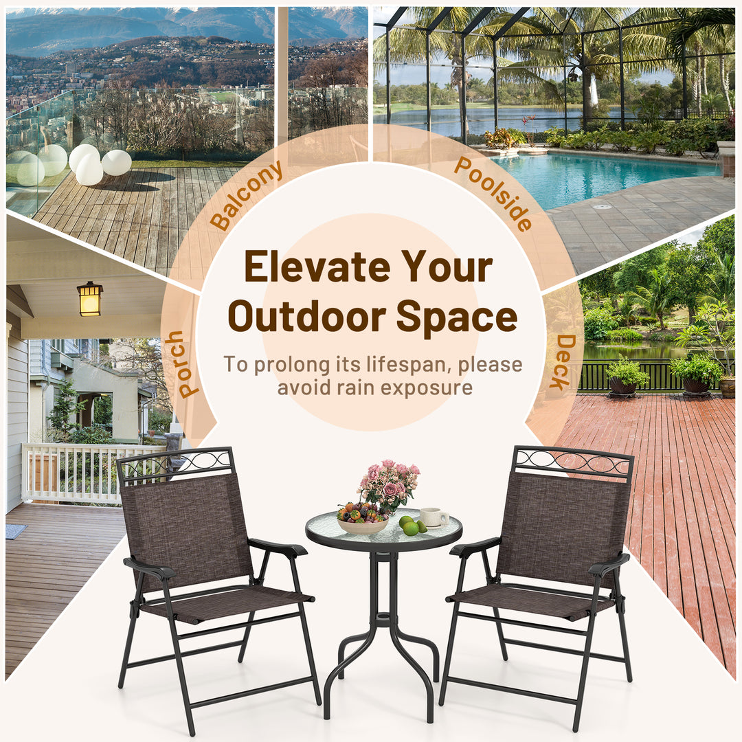 Giantex Patio Dining Set Round Glass Table with 2 Patio Folding Chairs(Brown)