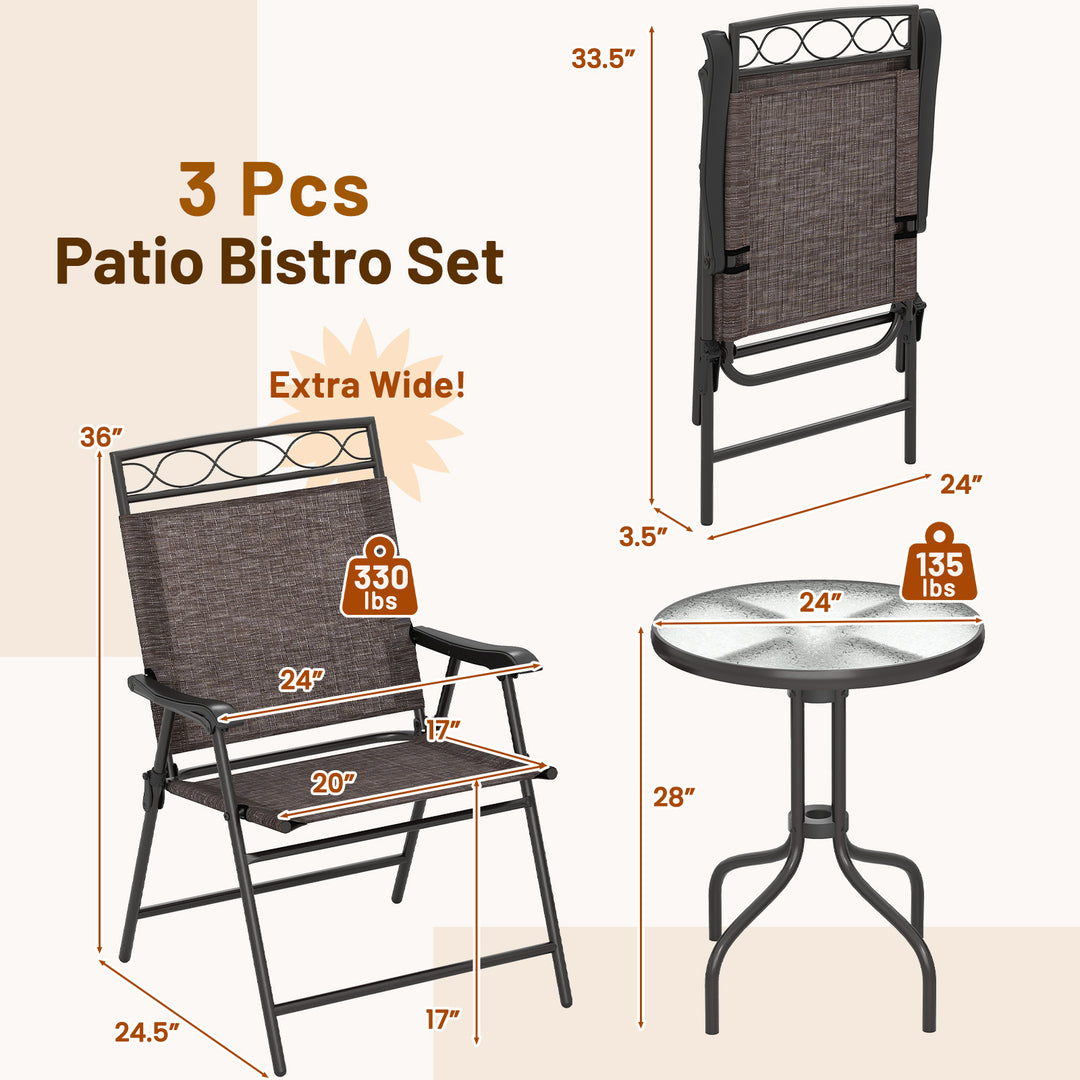 Giantex Patio Dining Set Round Glass Table with 2 Patio Folding Chairs(Brown)