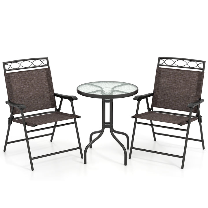 Giantex Patio Dining Set Round Glass Table with 2 Patio Folding Chairs(Brown)