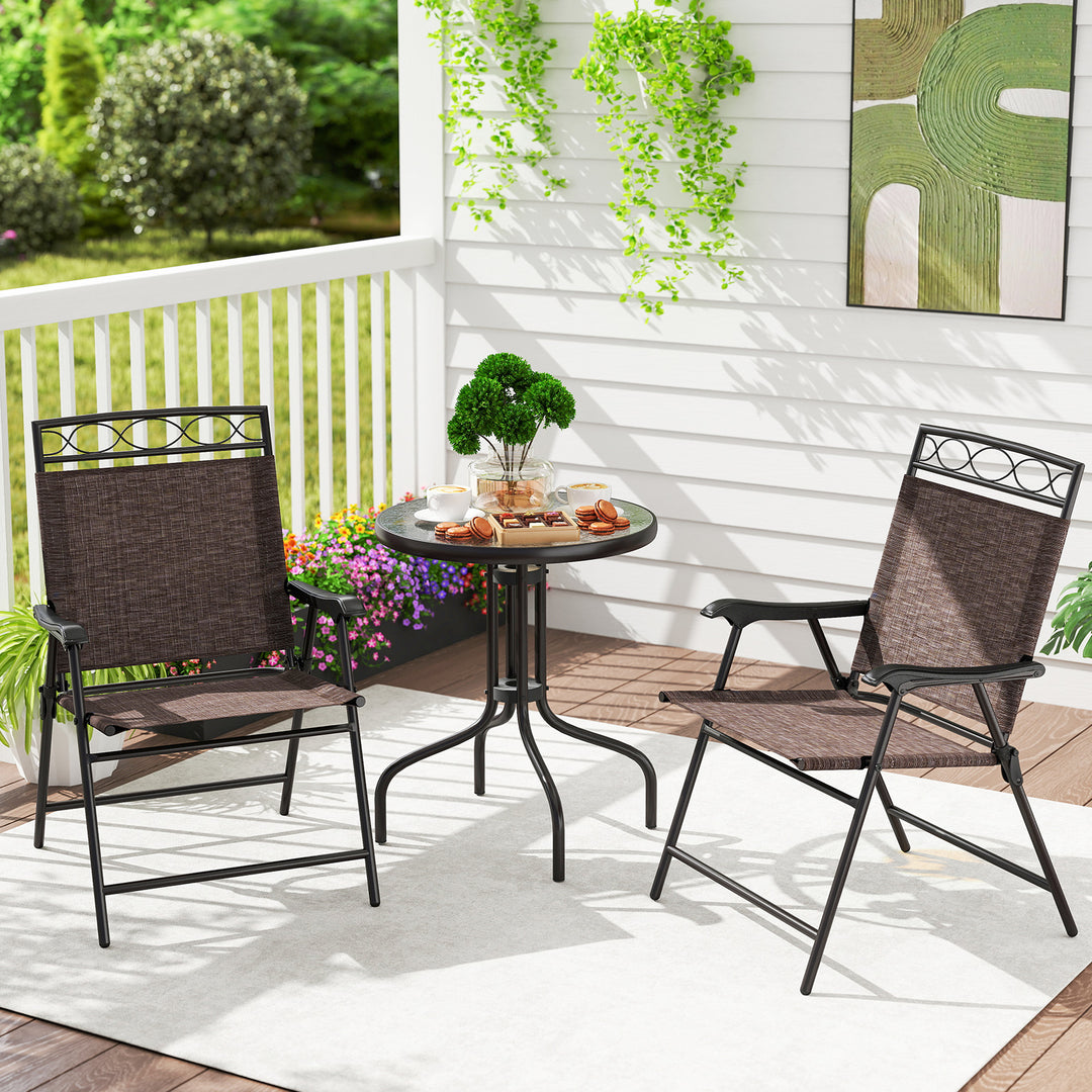 Giantex Patio Dining Set Round Glass Table with 2 Patio Folding Chairs(Brown)