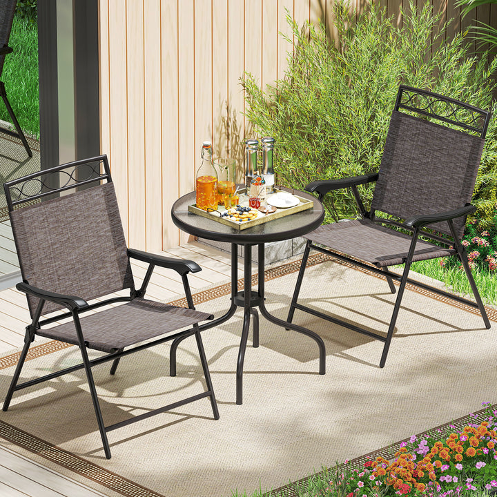 Giantex Patio Dining Set Round Glass Table with 2 Patio Folding Chairs(Brown)