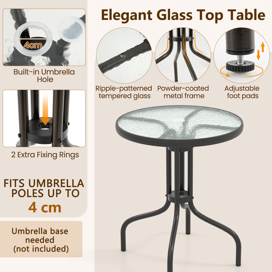 Giantex Patio Dining Set Round Glass Table with 2 Patio Folding Chairs(Brown)