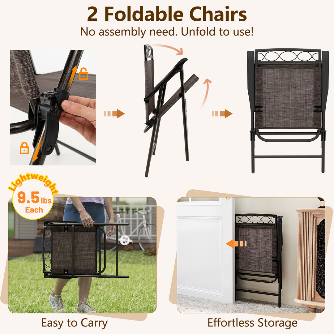 Giantex Patio Dining Set Round Glass Table with 2 Patio Folding Chairs(Brown)