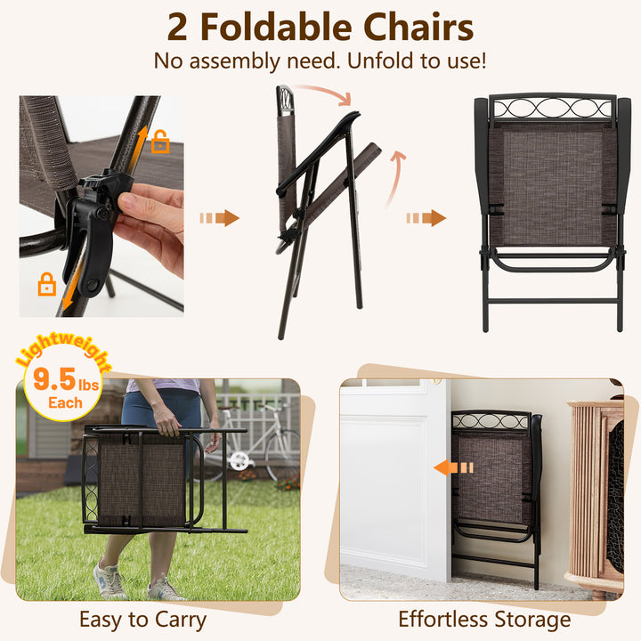 Giantex Patio Dining Set Round Glass Table with 2 Patio Folding Chairs(Brown)