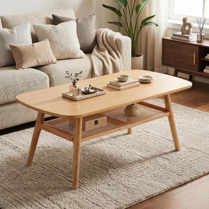 Giantex Rattan Coffee Table with Storage &amp; Solid Rubber Wood Legs