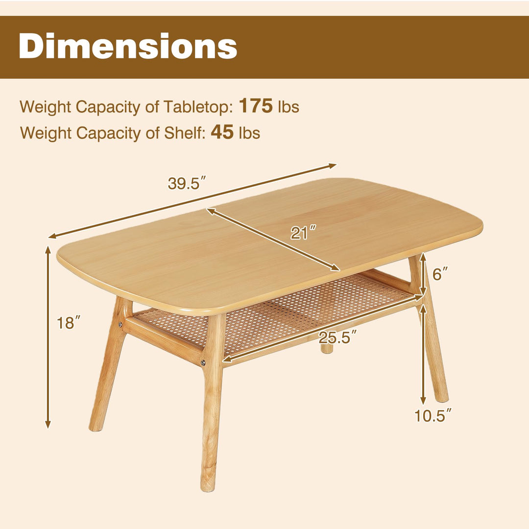 Giantex Rattan Coffee Table with Storage &amp; Solid Rubber Wood Legs