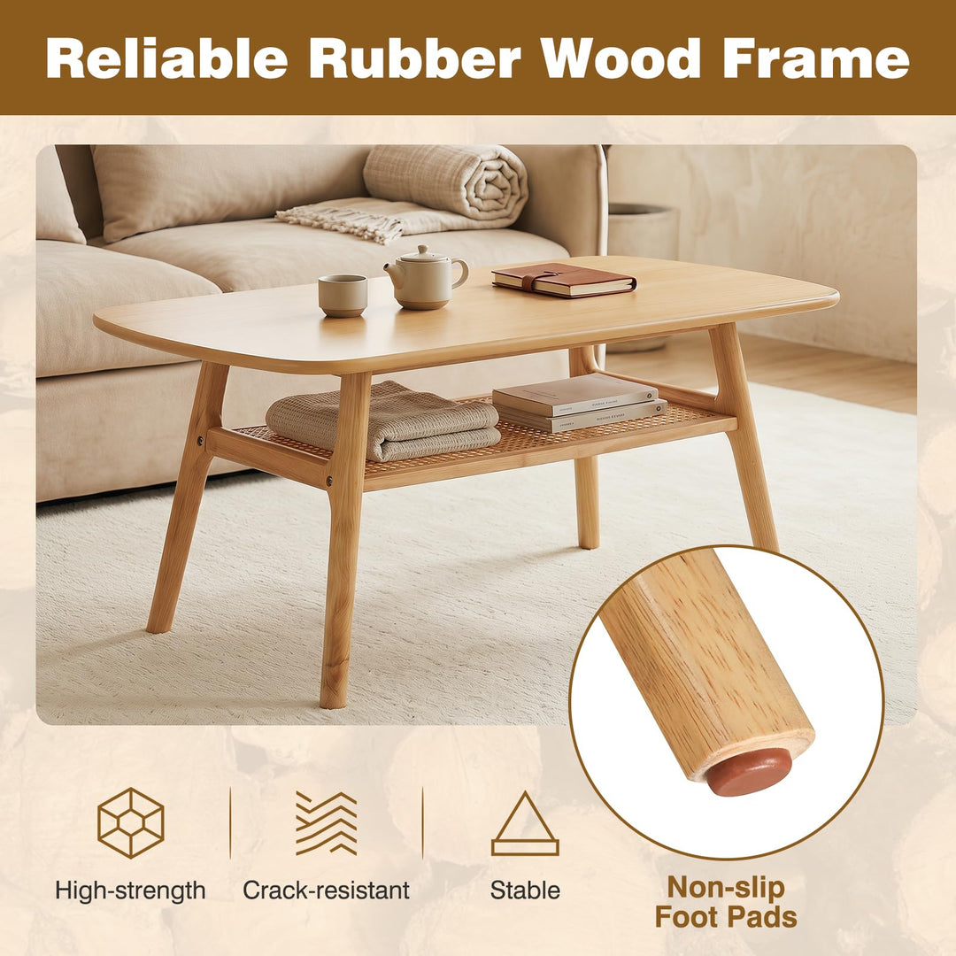 Giantex Rattan Coffee Table with Storage &amp; Solid Rubber Wood Legs