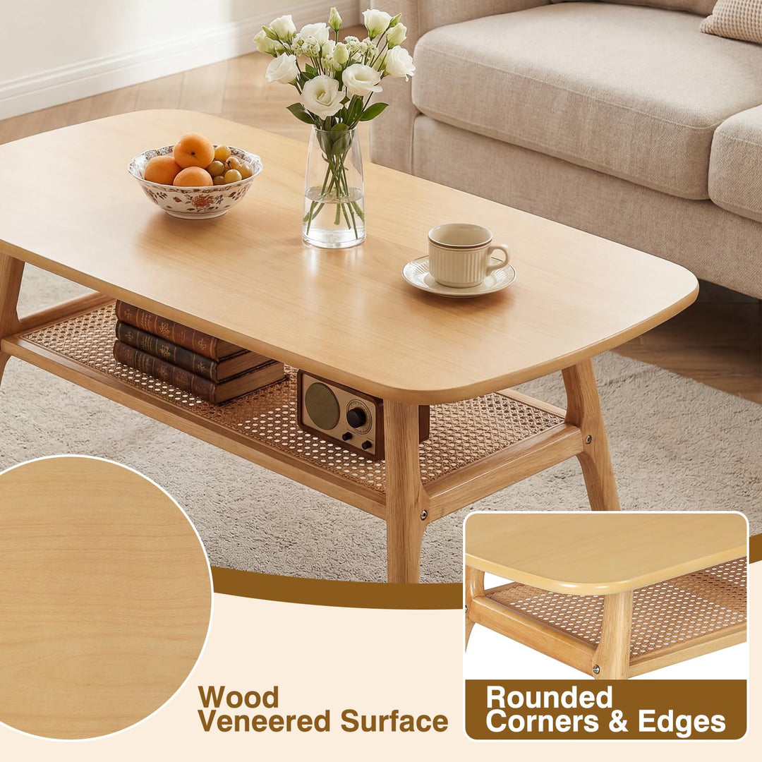 Giantex Rattan Coffee Table with Storage &amp; Solid Rubber Wood Legs