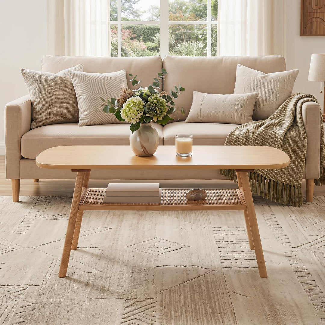 Giantex Rattan Coffee Table with Storage &amp; Solid Rubber Wood Legs
