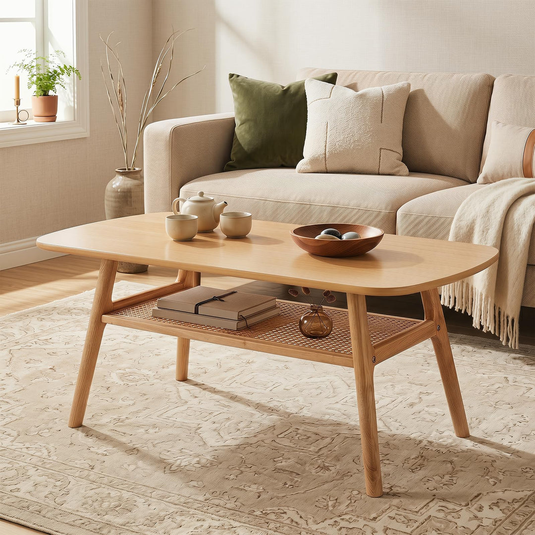 Giantex Rattan Coffee Table with Storage &amp; Solid Rubber Wood Legs