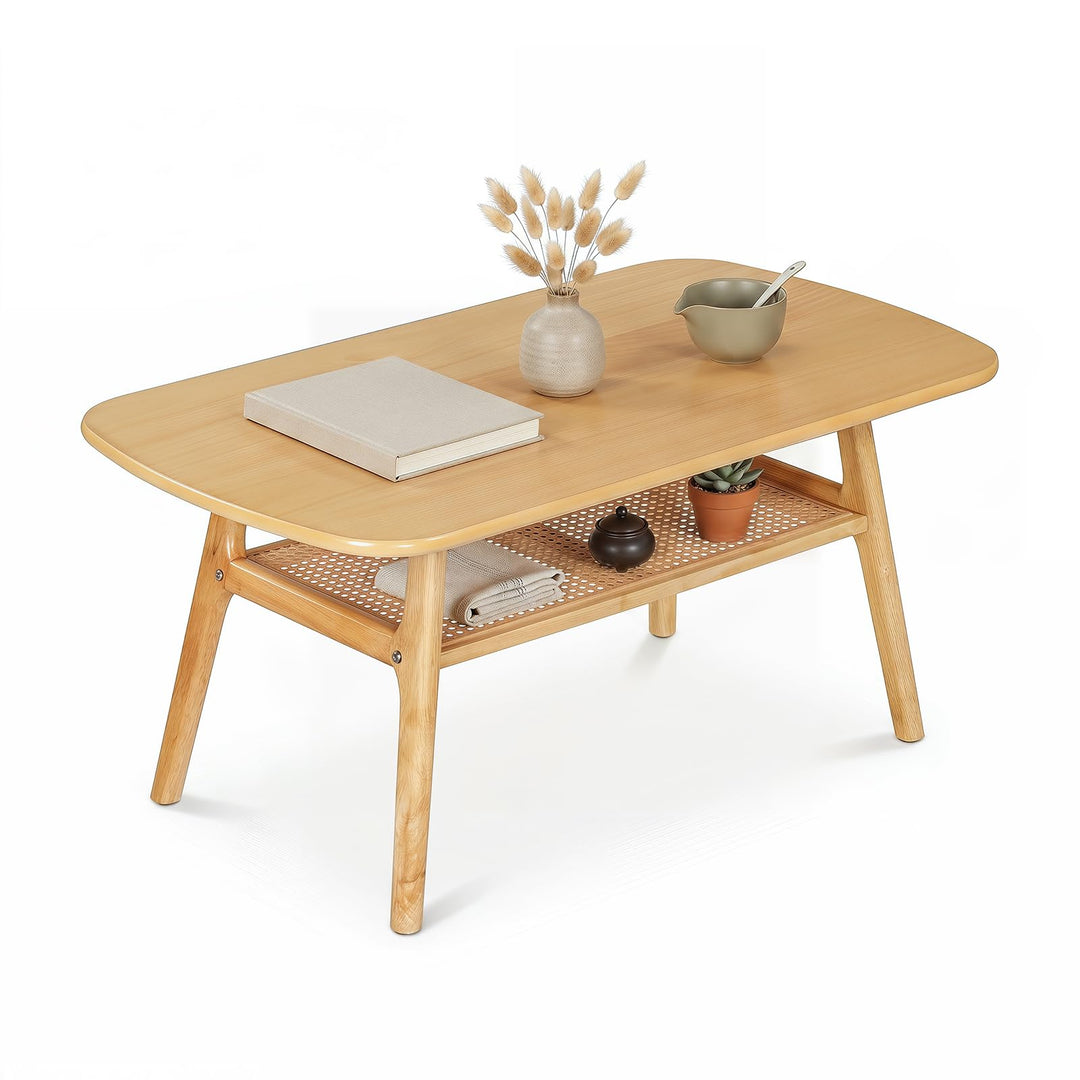 Giantex Rattan Coffee Table with Storage &amp; Solid Rubber Wood Legs
