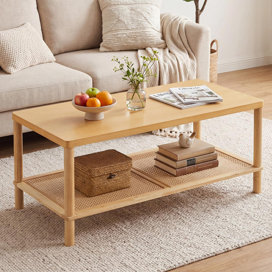 Giantex Rattan Coffee Table with Rubber Wood Frame &amp; PVC Rattan Storage Shelf