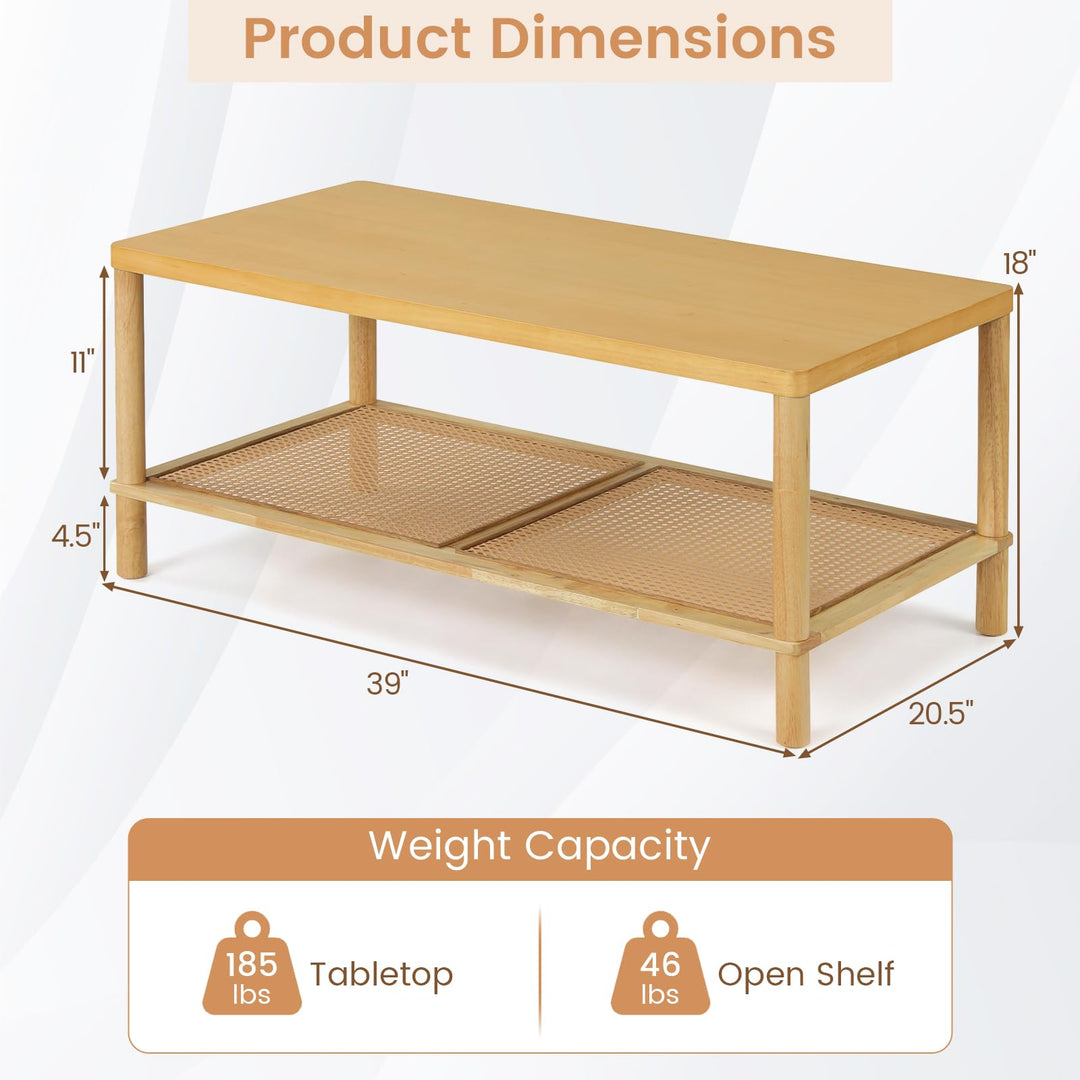 Giantex Rattan Coffee Table with Rubber Wood Frame &amp; PVC Rattan Storage Shelf