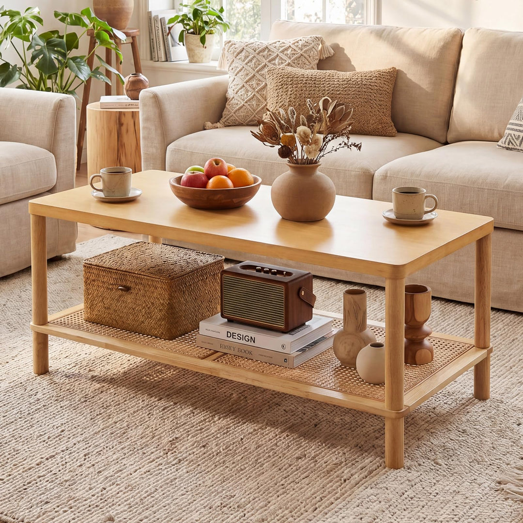 Giantex Rattan Coffee Table with Rubber Wood Frame &amp; PVC Rattan Storage Shelf