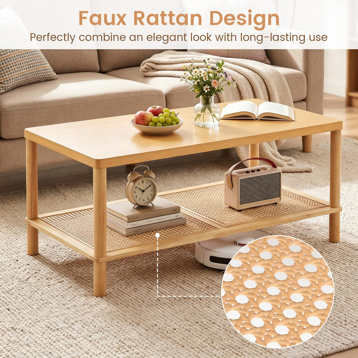 Giantex Rattan Coffee Table with Rubber Wood Frame &amp; PVC Rattan Storage Shelf